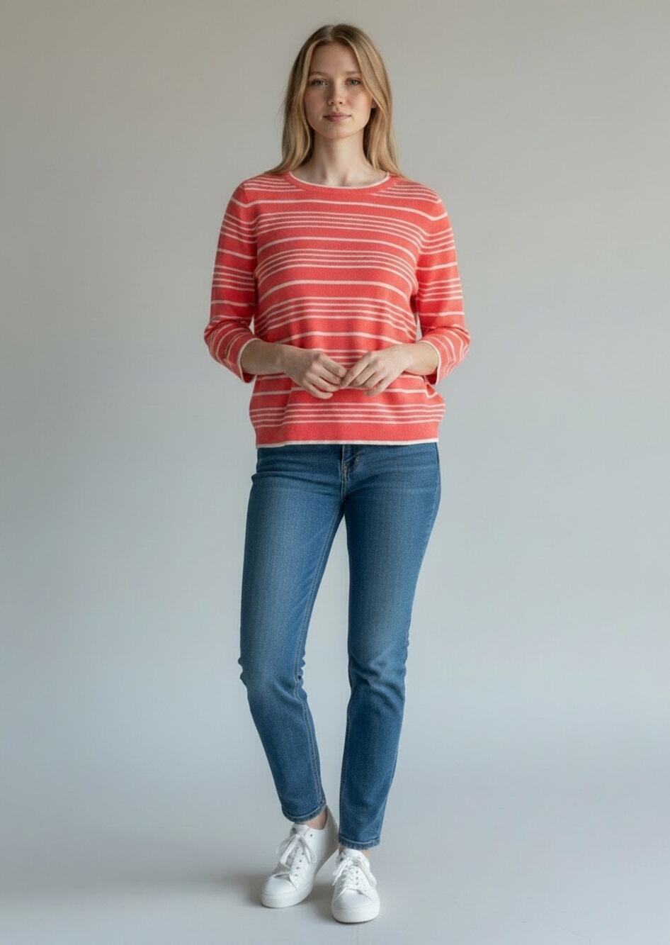 J. Crew Italian Cashmere Lightweight Sweater Neon Peach White Stripe Size S